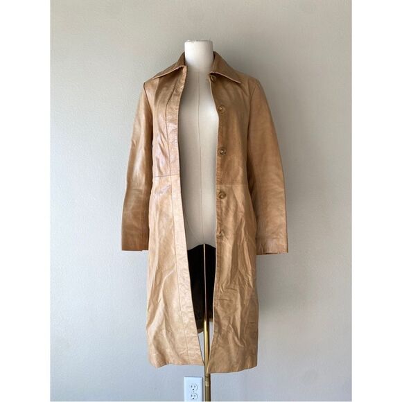 vintage y2k Transmission NY tan leather trench coat - Picture 2 of 7